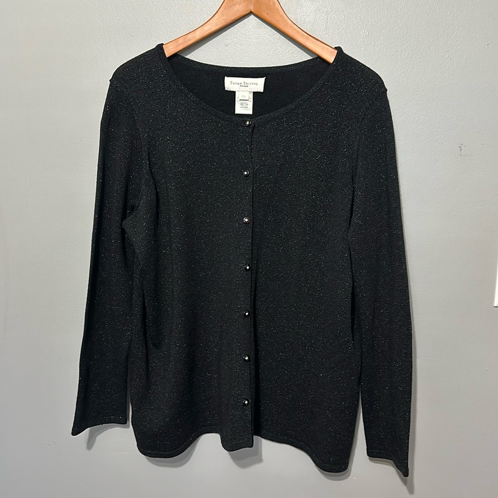 Susan Bristol Woman, Black Sparkly Cardigan Sweater Jeweled Buttons 1W EUC